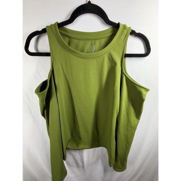 New York & Company Tops - NY&C Green Cold Shoulder Long Sleeve Top Faux Leather Trim Size L Athleisure